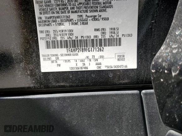 2015 Ford Taurus Limited with VIN 1FAHP2F89FG171262, listed as a Copart auction lot 72273934 with 282,708 mi miles and Salvage Title. Bid and sale history available at DreamBid. Image 14.