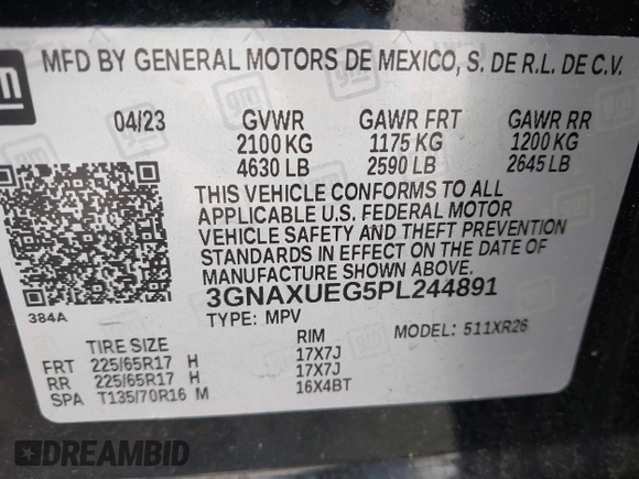 2023 Chevrolet Equinox LT with VIN 3GNAXUEG5PL244891, listed as a IAAI auction lot 42008892 with 112,745 mi miles and . Bid and sale history available at DreamBid. Image 9.