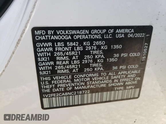 2022 Volkswagen Atlas SEL Premium R-Line with VIN 1V2FE2CA8NC218722, listed as a Copart auction lot 85142904 with 25,396 mi miles and Salvage title. Bid and sale history available at DreamBid. Image 15.