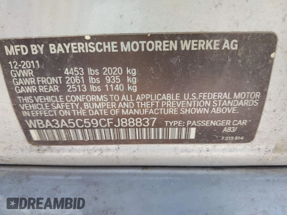 2012 BMW 3 Series 328i with VIN WBA3A5C59CFJ88837, listed as a IAAI auction lot 42251332 with 135,625 mi miles and . Bid and sale history available at DreamBid. Image 9.