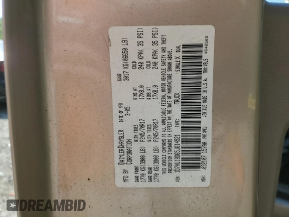 2005 Dodge 1500 SLT with VIN 1D7HU18D65J614921, listed as a Copart auction lot 51922855 with Not Provided miles and Salvage Title. Bid and sale history available at DreamBid. Image 12.