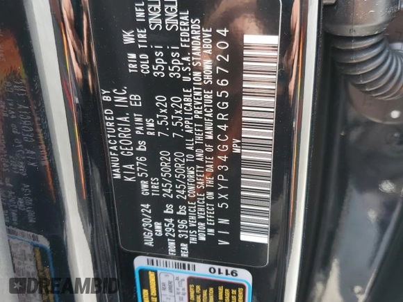 2024 Kia Telluride EX with VIN 5XYP34GC4RG567204, listed as a Copart auction lot 51854495 with 5,164 mi miles and Salvage Title. Bid and sale history available at carsss.com. Image 12.