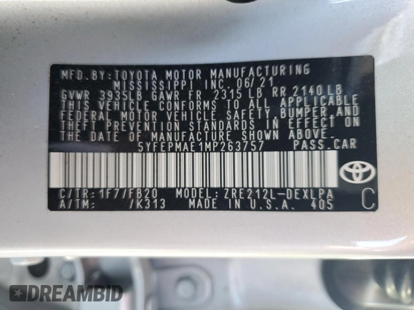 2021 Toyota Corolla LE with VIN 5YFEPMAE1MP263757, listed as a Copart auction lot 49912245 with 92,013 mi miles and Salvage Title. Bid and sale history available at carsss.com. Image 12.