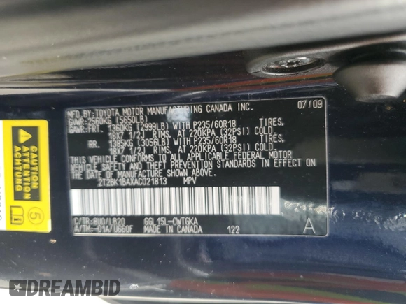 2010 Lexus RX 350 with VIN 2T2BK1BAXAC021813, listed as a Copart auction lot 52675365 with 221,947 mi miles and Salvage Title. Bid and sale history available at DreamBid. Image 14.