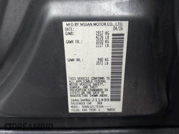 2016 Nissan Altima SR with VIN 1N4AL3AP8GC211499, listed as a IAAI auction lot 41976836 with 91,269 mi miles and . Bid and sale history available at DreamBid. Image 9.