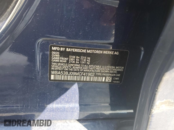 2021 BMW 5 Series 540i with VIN WBA53BJ09MCF41902, listed as a Copart auction lot 42562425 with 71,719 mi miles and Clean Title. Bid and sale history available at DreamBid. Image 12.