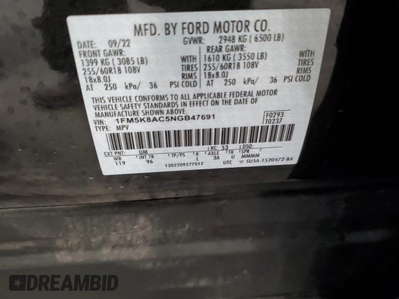 2022 Ford Explorer с VIN 1FM5K8AC5NGB47691, выставлен на аукционе Copart как лот 84871854 с пробегом 9 812 миль миль и Чистый • Clean title. История ставок и продаж доступна на DreamBid. Изображение 13.