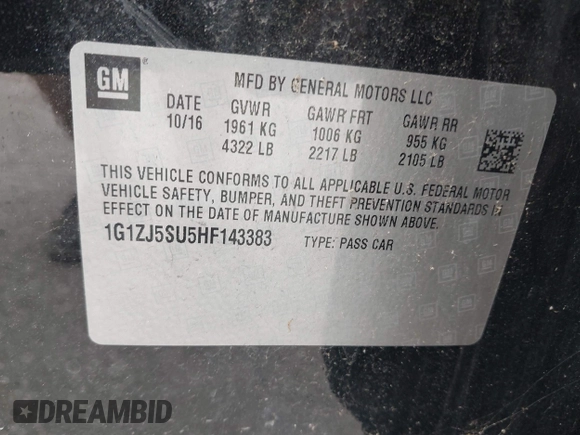 2017 Chevrolet Malibu Hybrid with VIN 1G1ZJ5SU5HF143383, listed as a IAAI auction lot 41888945 with 72,005 mi miles and . Bid and sale history available at DreamBid. Image 9.