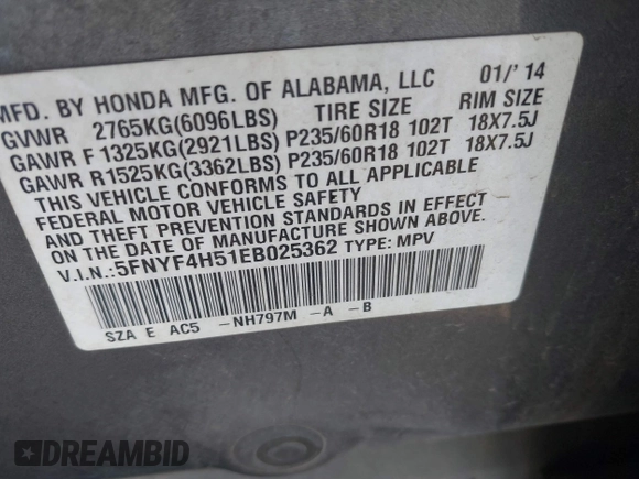 2014 Honda Pilot EX-L with VIN 5FNYF4H51EB025362, listed as a IAAI auction lot 41307101 with 162,688 mi miles. Bid and sale history available at carsss.com. Image 9.