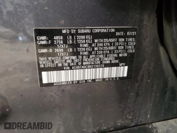 2022 Subaru Outback Premium with VIN 4S4BTADC8N3130376, listed as a Copart auction lot 60266655 with 83,605 mi miles and Salvage title. Bid and sale history available at DreamBid. Image 13.