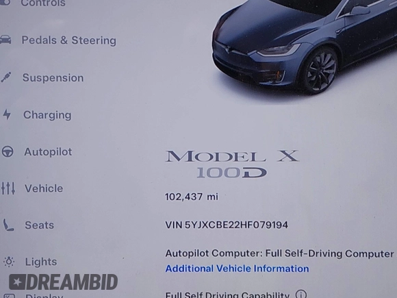2017 Tesla Model X 90D with VIN 5YJXCBE22HF079194, listed as a IAAI auction lot 41895591 with 102,437 mi miles and . Bid and sale history available at DreamBid. Image 15.