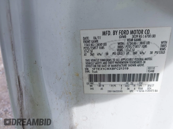 2011 Ford F-150 XL with VIN 1FTEX1CMXBFC21319, listed as a IAAI auction lot 42434901 with 192,889 mi miles and . Bid and sale history available at DreamBid. Image 9.