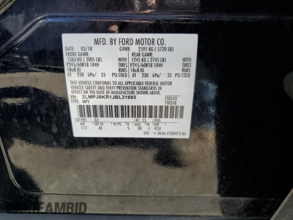 2018 Lincoln MKX Select with VIN 2LMPJ8KR1JBL31885, listed as a Copart auction lot 72625134 with 226,833 mi miles and Salvage Title. Bid and sale history available at carsss.com. Image 16.