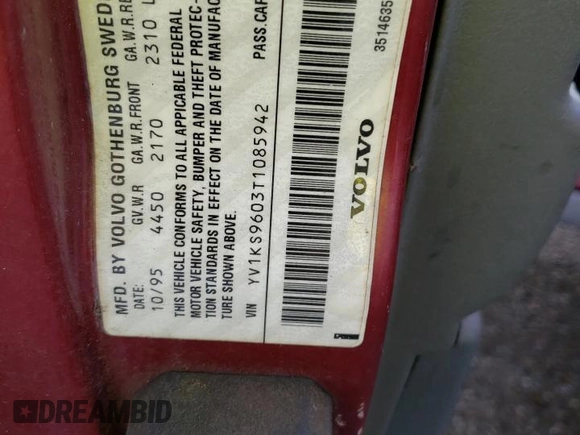 1996 Volvo 960 z VIN YV1KS9603T1085942, wystawiony jako Copart lot #81546584 z przebiegiem 149 865 mil mil oraz Szkoda całkowita • Salvage title. Historia ofert i sprzedaży dostępna na DreamBid. Obrazek 13.