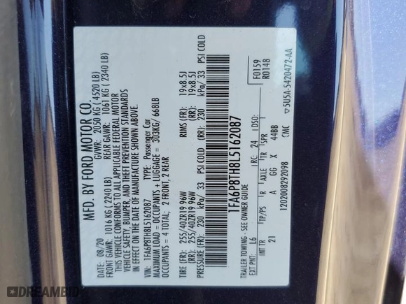 2020 Ford Mustang EcoBoost with VIN 1FA6P8TH8L5162087, listed as a Copart auction lot 48490975 with 77,710 mi miles and Salvage Title. Bid and sale history available at carsss.com. Image 14.