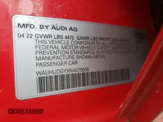 2022 Audi A3 Premium Plus with VIN WAUHUDGYXNA076608, listed as a Copart auction lot 37274063 with 4,538 mi miles. Bid and sale history available at carsss.com. Image 15.