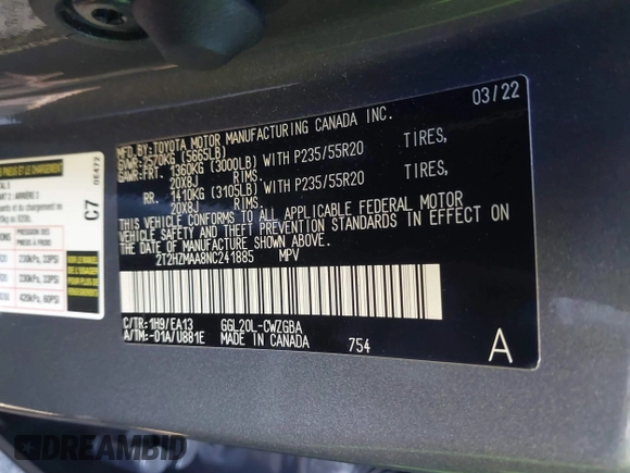 2022 Lexus RX 350 with VIN 2T2HZMAA8NC241885, listed as a IAAI auction lot 41776191 with 89,842 mi miles and . Bid and sale history available at DreamBid. Image 9.