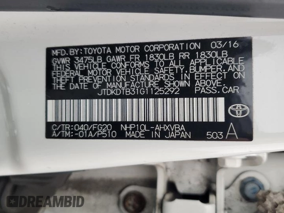 2016 Toyota Prius One with VIN JTDKDTB31G1125292, listed as a Copart auction lot 52892215 with 95,479 mi miles and Clean Title. Bid and sale history available at carsss.com. Image 12.
