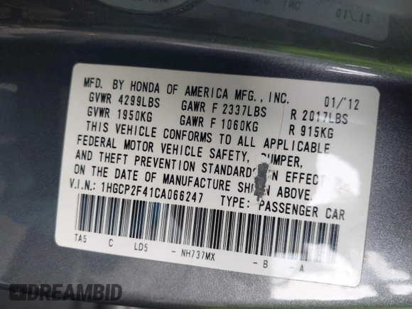 2012 Honda Accord LX Premium z VIN 1HGCP2F41CA066247, wystawiony jako IAAI lot #41467802 z przebiegiem Nie podano mil oraz . Historia ofert i sprzedaży dostępna na DreamBid. Obrazek 9.