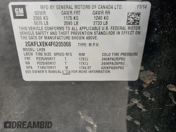 2015 GMC Terrain SLT with VIN 2GKFLXEK4F6205068, listed as a Copart auction lot 53741175 with 108,012 mi miles and Salvage title. Bid and sale history available at DreamBid. Image 13.