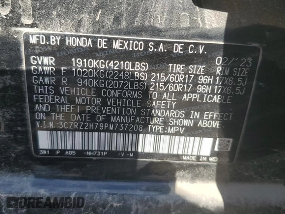 2023 Honda HR-V EX-L with VIN 3CZRZ2H79PM737208, listed as a Copart auction lot 64255655 with 48,130 mi miles and Salvage title. Bid and sale history available at DreamBid. Image 13.