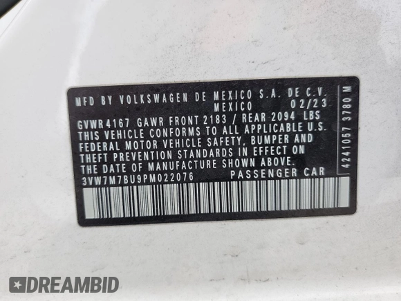 2023 Volkswagen Jetta SE with VIN 3VW7M7BU9PM022076, listed as a Copart auction lot 51915935 with 29,231 mi miles and Clean title. Bid and sale history available at DreamBid. Image 13.