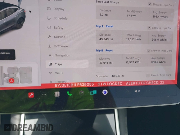 2020 Tesla Model 3 Long Range with VIN 5YJ3E1EB1LF639055, listed as a IAAI auction lot 42048009 with 43,493 mi miles. Bid and sale history available at carsss.com. Image 15.