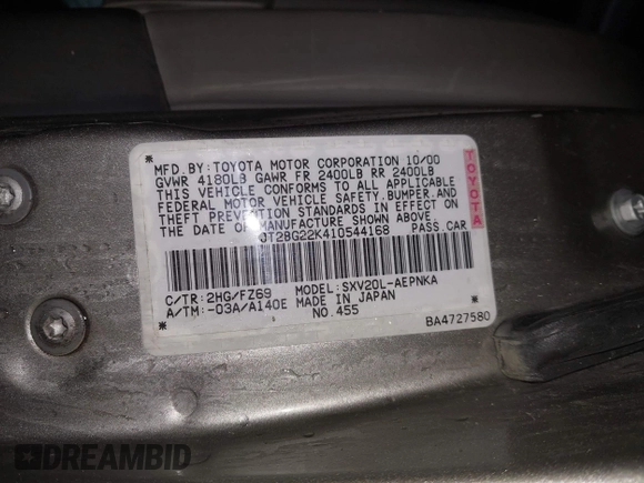 2001 Toyota Camry CE z VIN JT2BG22K410544168, wystawiony jako IAAI lot #42201412 z przebiegiem 158 500 mil mil oraz . Historia ofert i sprzedaży dostępna na DreamBid. Obrazek 9.