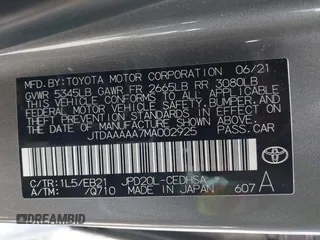 2021 Toyota Mirai XLE with VIN JTDAAAAA7MA002925, listed as a IAAI auction lot 42227628 with 44,485 mi miles and . Bid and sale history available at DreamBid. Image 9.