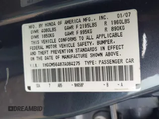 2007 Honda Accord LX with VIN 1HGCM56487A084275, listed as a IAAI auction lot 42491904 with 173,555 mi miles and . Bid and sale history available at DreamBid. Image 9.