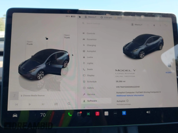 2024 Tesla Model Y Long Range with VIN 7SAYGDEE6RA225161, listed as a IAAI auction lot 42083140 with 28,289 mi miles and . Bid and sale history available at DreamBid. Image 7.