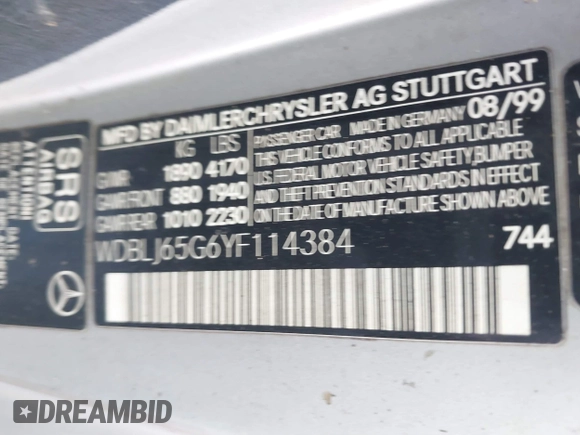 2000 Mercedes-Benz CLK 320/430 with VIN WDBLJ65G6YF114384, listed as a IAAI auction lot 41334745 with 131,461 mi miles and . Bid and sale history available at DreamBid. Image 9.