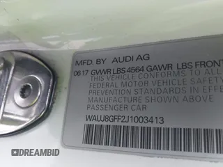 2018 Audi A3 Sedan Premium Plus with VIN WAUJ8GFF2J1003413, listed as a IAAI auction lot 41535243 with 109,454 mi miles. Bid and sale history available at carsss.com. Image 9.