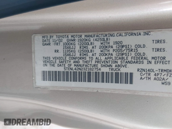 2003 Toyota Tacoma with VIN 5TENL42N23Z182754, listed as a IAAI auction lot 41955543 with 294,234 mi miles and . Bid and sale history available at DreamBid. Image 9.