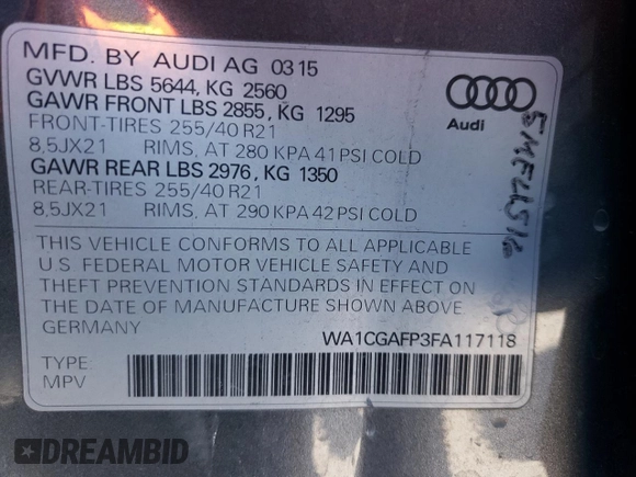 2015 Audi SQ5 Premium Plus with VIN WA1CGAFP3FA117118, listed as a Copart auction lot 72288122 with 60,532 mi miles. Bid and sale history available at carsss.com. Image 14.