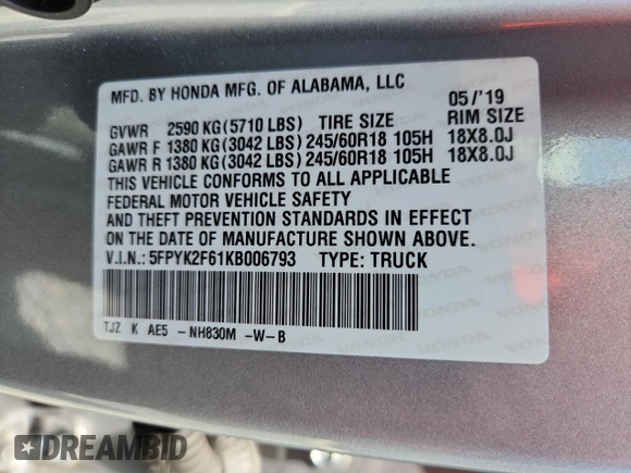 2019 Honda Ridgeline RTL-T z VIN 5FPYK2F61KB006793, wystawiony jako Copart lot #60618685 z przebiegiem 58 784 mil mil oraz Szkoda całkowita • Salvage title. Historia ofert i sprzedaży dostępna na DreamBid. Obrazek 12.