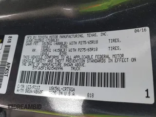 2016 Toyota Tundra 4WD Truck SR with VIN 5TFUW5F19GX548996, listed as a IAAI auction lot 41607605 with 101,194 mi miles. Bid and sale history available at carsss.com. Image 9.
