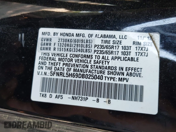 2013 Honda Odyssey EX-L with VIN 5FNRL5H69DB025040, listed as a IAAI auction lot 42078699 with 181,470 mi miles and . Bid and sale history available at carsss.com. Image 9.