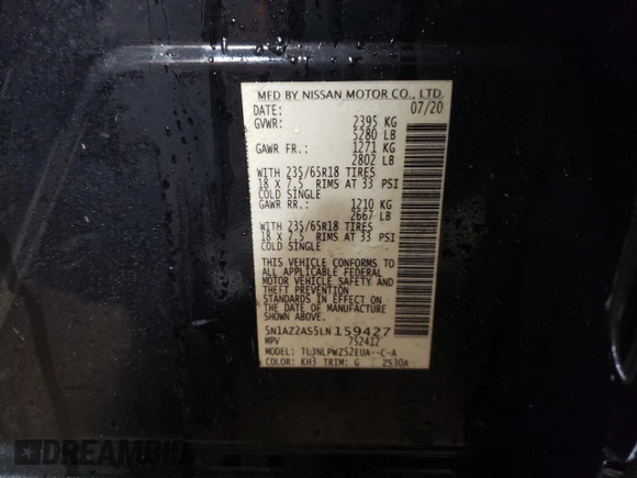 2020 Nissan Murano S with VIN 5N1AZ2AS5LN159427, listed as a Copart auction lot 42204405 with 69,792 mi miles and Salvage Title. Bid and sale history available at DreamBid. Image 13.