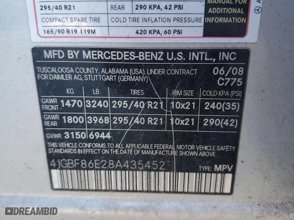 2008 Mercedes-Benz GL-Class 5.5L with VIN 4JGBF86E28A435452, listed as a Copart auction lot 88572525 with 124,465 mi miles and Clean Title. Bid and sale history available at carsss.com. Image 13.