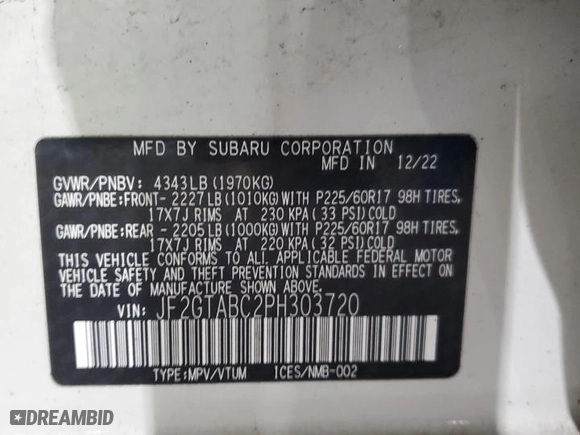 2023 Subaru Crosstrek with VIN JF2GTABC2PH303720, listed as a Copart auction lot 86417744 with 44,102 mi miles and Salvage Title. Bid and sale history available at carsss.com. Image 13.