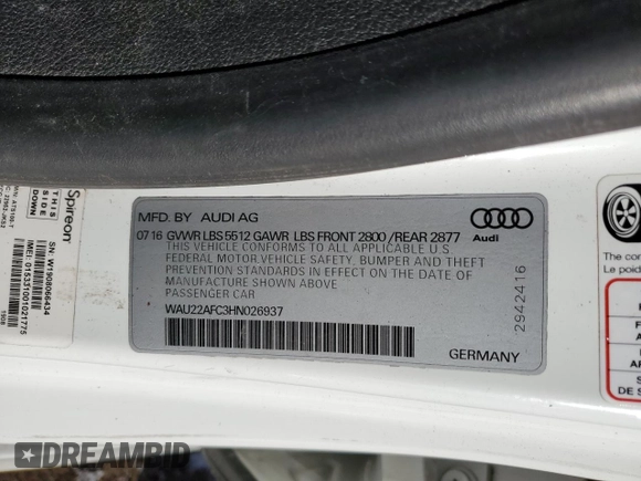 2017 Audi A7 Prestige with VIN WAU22AFC3HN026937, listed as a Copart auction lot 45937064 with 0 mi miles. Bid and sale history available at carsss.com. Image 12.