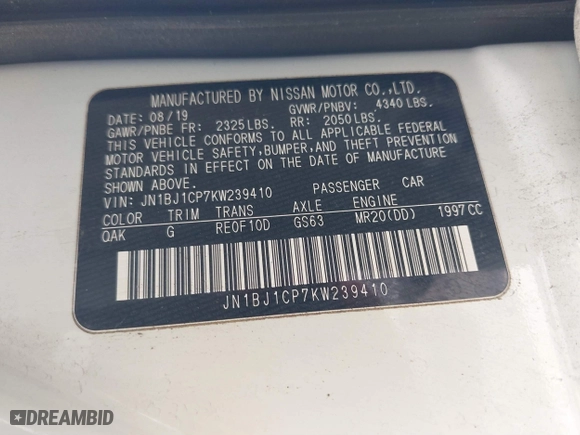 2019 Nissan Rogue Sport SV with VIN JN1BJ1CP7KW239410, listed as a IAAI auction lot 41840678 with 68,307 mi miles. Bid and sale history available at carsss.com. Image 9.