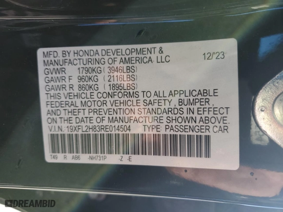 2024 Honda Civic Hatchback Sport with VIN 19XFL2H83RE014504, listed as a Copart auction lot 88029065 with 9,308 mi miles and Salvage Title. Bid and sale history available at carsss.com. Image 15.