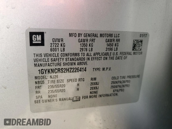 2017 Cadillac XT5 Premium Luxury FWD with VIN 1GYKNCRS2HZ226414, listed as a Copart auction lot 47858955 with 168,442 mi miles and Salvage Title. Bid and sale history available at DreamBid. Image 15.