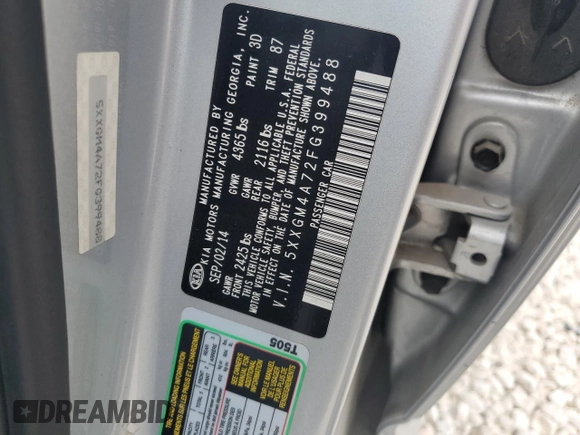 2015 Kia Optima LX with VIN 5XXGM4A72FG399488, listed as a Copart auction lot 54783375 with 184,474 mi miles and Clean title. Bid and sale history available at DreamBid. Image 12.