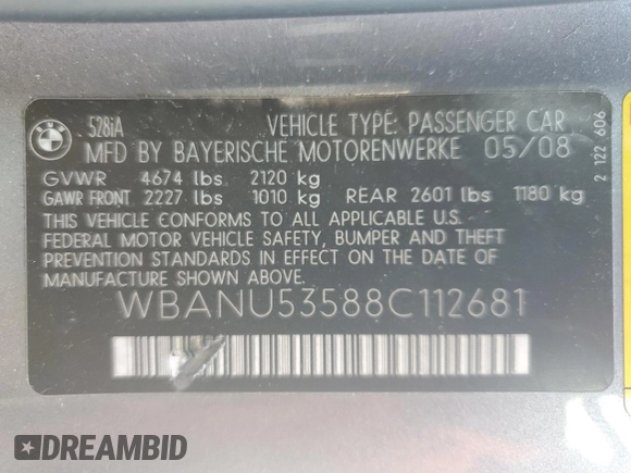 2008 BMW 5 Series 528i with VIN WBANU53588C112681, listed as a Copart auction lot 71921634 with 72,316 mi miles and Salvage Title. Bid and sale history available at DreamBid. Image 14.