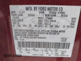 2006 Ford F-150 XLT with VIN 1FTPW125X6FA46341, listed as a IAAI auction lot 42415016 with 252,604 mi miles and . Bid and sale history available at DreamBid. Image 9.