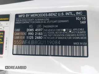 2016 Mercedes-Benz C 300 with VIN 55SWF4JB8GU119084, listed as a IAAI auction lot 42516144 with 127,222 mi miles and . Bid and sale history available at DreamBid. Image 9.