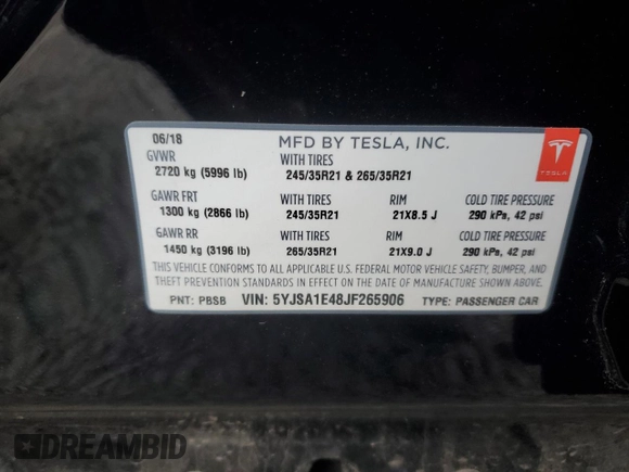 2018 Tesla Model S 75D with VIN 5YJSA1E48JF265906, listed as a Copart auction lot 47886905 with 19,733 mi miles and Salvage Title. Bid and sale history available at DreamBid. Image 14.